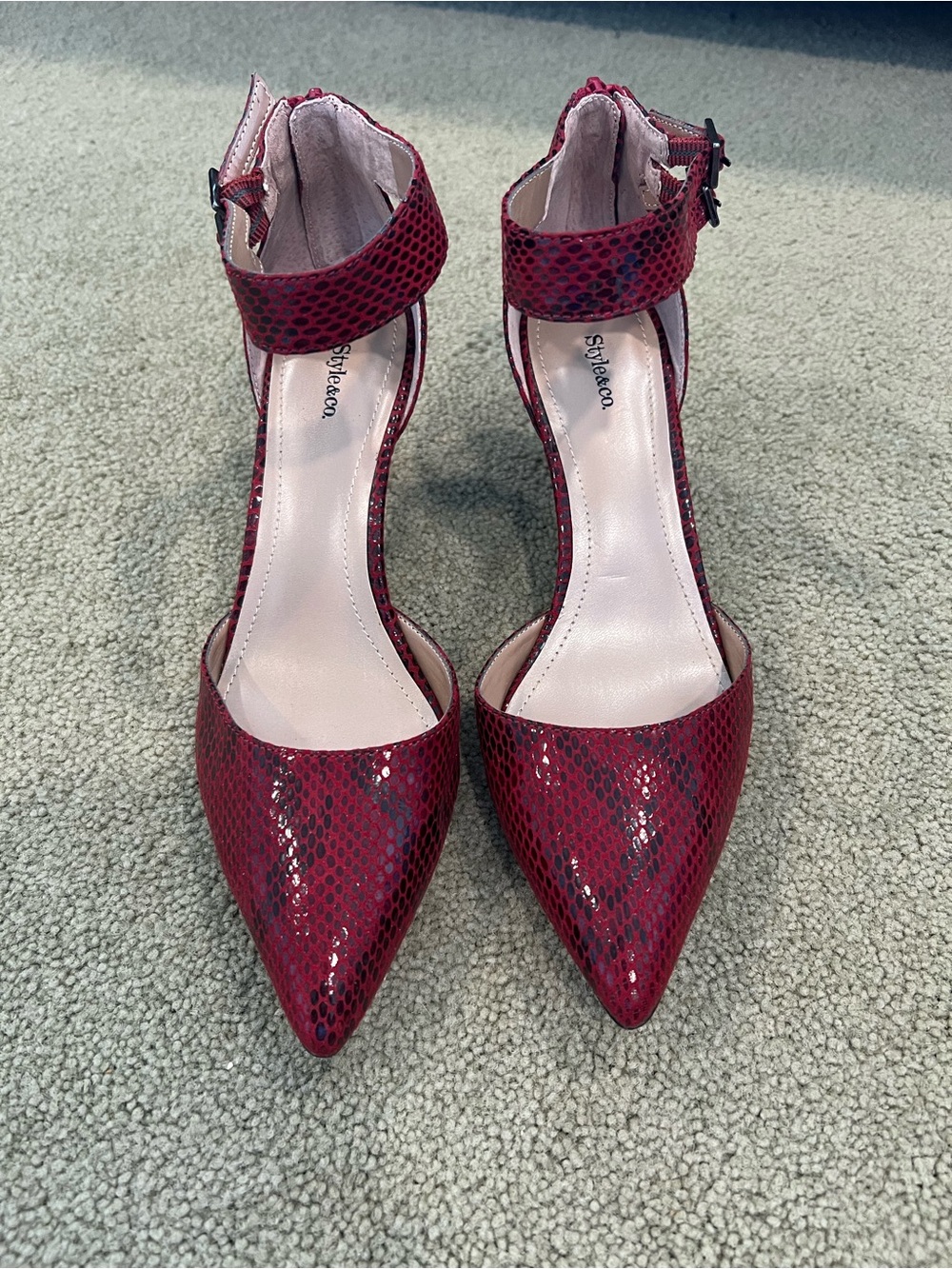 Style & Co Red Snakeskin Print Ankle Strap Pointed Toe Heels Size 7.5M